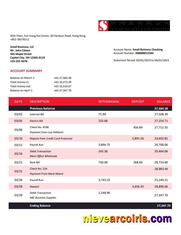 Sung Hung Kai Bank company account statement